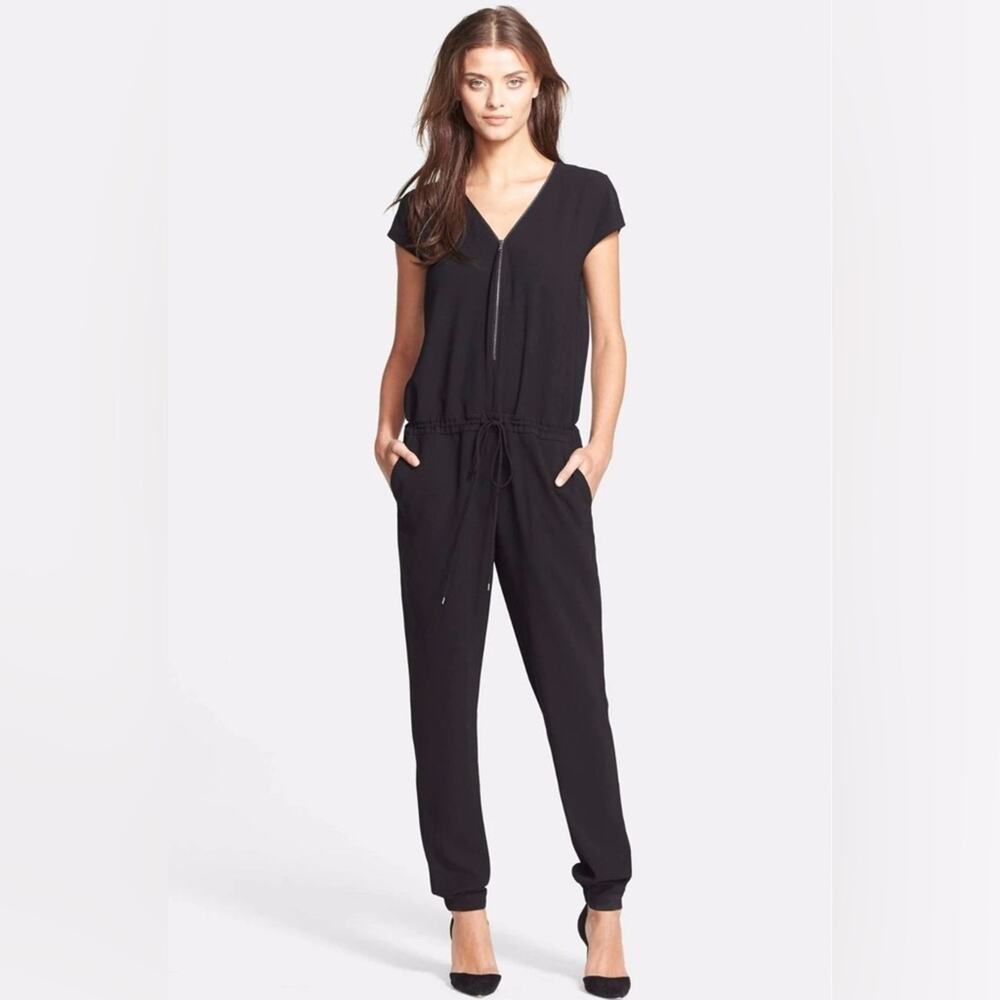Vince Black Jumpsuit With Adjustable Zipper V-Neck and Tapered Legs Size 6